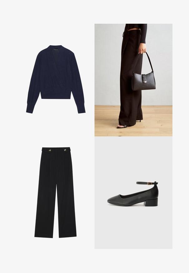 Tumesinine seotud kampsun pika varrukaga, V-kaelus ja soonikkoes mansetid. Pehme kangas sileda tekstuuriga ja vormitud vöödiga disain.; Mustad laiad püksid kõrge vöökoha ja nööpdetailidega vööandil, esikortsudega.; Must mustaapp, millel on terav nina ja madal blokk-kand. Omab pahkluu rihma koos kuldse tooni pandlaga. Sile tekstuur.; Must musta kott, millel on struktureeritud kuju, sile tekstuur ja metallist klamber. Kombineeritud laiate mustade pükstega ja avatud varvaste sandaalidega puidust põrandal.