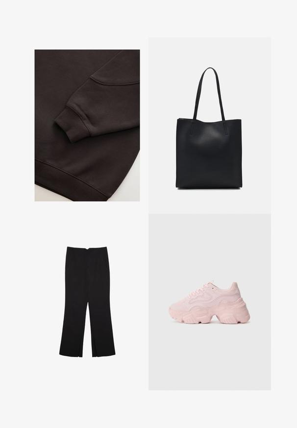 Sweatshirt marron foncé avec des poignets et un ourlet côtelés. Texture lisse avec un col rond et une couture visible sur la manche.; Pantalon noir avec une coupe droite, doté de poches avant et d'éclairs sur l'ourlet. Fabriqué en tissu doux et lisse. Convient à diverses occasions.; Baskets de sport roses avec une tige en mesh texturé et synthétique, semelle en caoutchouc épais et design courbé sur les panneaux latéraux. Fermeture à lacets.; Sac fourre-tout en cuir noir avec une texture lisse, de forme rectangulaire et deux longues poignées. Pas de matériel ou d'ornementations visibles.