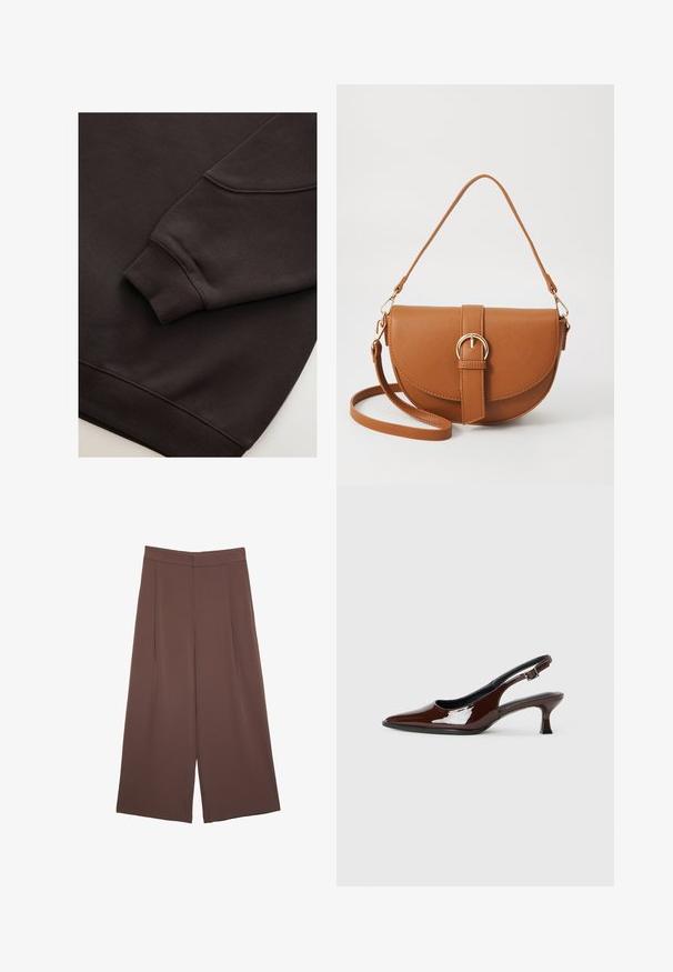 Tmavo hnedá mikina s rebrovanými manžetami a spodným lemom. Hladká textúra s okrúhlym výstrihom a viditeľným švom na rukáve.; Hnedé nohavice so širokými nohavicami a hladkou textúrou, s vysokým pásom a prednými skladmi. Tkanina je ľahká a voľne sa pohybuje.; Hnedá lakovaná slingback obuv s špicatou špičkou a mierne vysokým opätkom. Obsahuje pracku pre bezpečné upevnenie. Hladká textúra.; Hnedá kožená kabelka cez telo s zakriveným tvarom, zlatými kovovými doplnkami a akcentom s prackou. Obsahuje odnímateľný ramenný popruh.