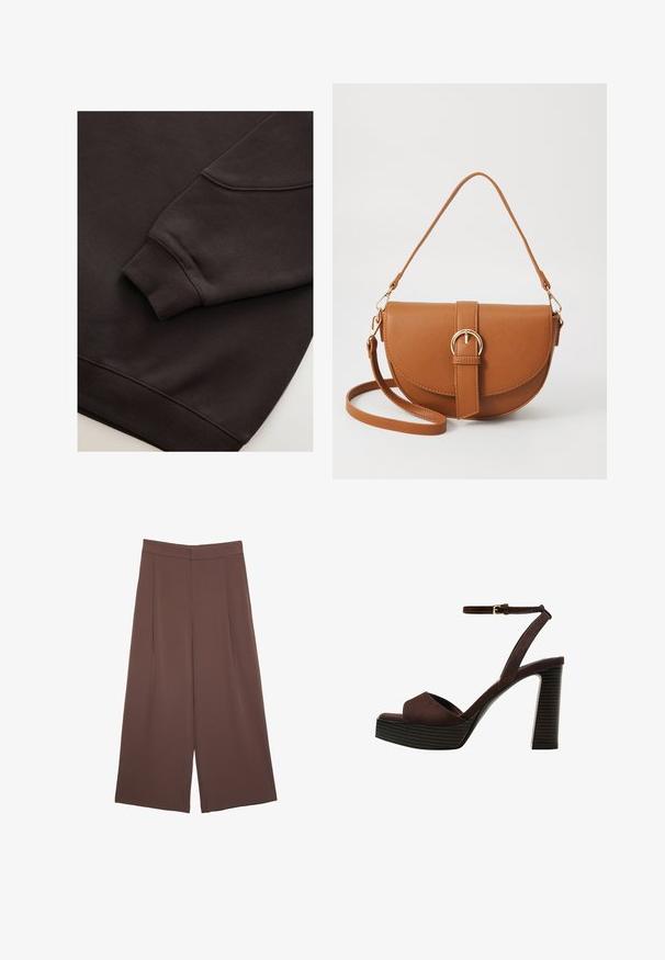 Sweatshirt marron foncé avec des poignets et un ourlet côtelés. Texture lisse avec un col rond et une couture visible sur la manche.; Pantalons larges marron avec une texture lisse, dotés d'une taille haute et de plis à l'avant. Le tissu est léger et tombe de manière fluide.; Sandale à talons hauts en suede marron avec un bout ouvert, une bride de cheville réglable et une semelle de plateforme rayée.; Sac bandoulière en cuir marron avec une forme incurvée, quincaillerie dorée et un accent en boucle. Comprend une bandoulière détachable.