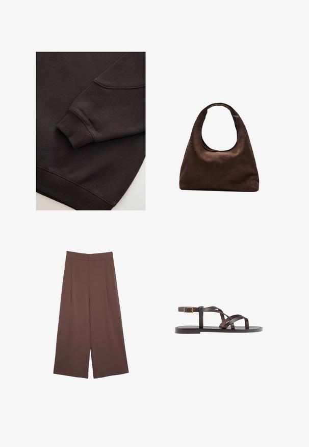 Dunkelbrauner Sweatshirt mit gerippten Bündchen und Saum. Glatte Textur mit einem runden Halsausschnitt und einer sichtbaren Naht am Ärmel.; Braune Weite-Leg-Hosen mit einer glatten Textur, hoher Taille und Vorderfalten. Der Stoff ist leicht und fällt locker.; Braune Leder-Sandale mit überkreuzten Riemen, einem Knöchelriemen mit Schnalle und einer flachen Sohle mit minimalen Nähdetails.; Weiche braune Hobo-Stil Handtasche mit einem einzigen breiten Trageriemen und einer geschwungenen Oberteilöffnung, auf einem weißen Hintergrund präsentiert.