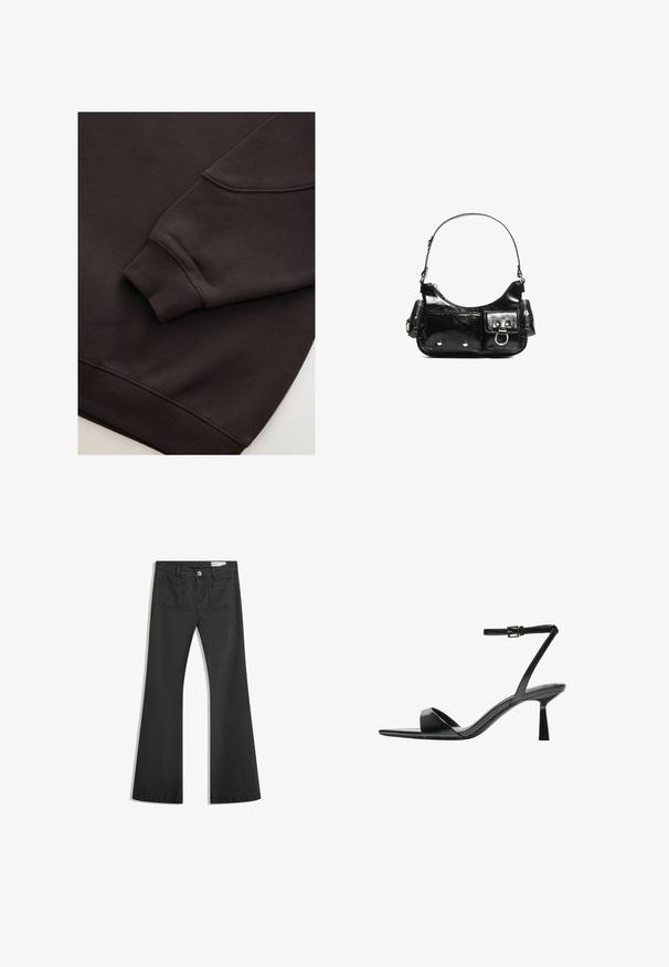 Mørkebrun sweatshirt med ribbede manchetter og kant. Glat tekstur med rund halsudskæring og en synlig søm på ærmet.; Sorte flared jeans lavet af denim med en glat tekstur, som har to baglommer og en knaplukning i taljen.; Bershka Højhælede sandaletter / Højhælede sandaler - black; Sort patenteret læder håndtaske med en buet form, en skulderrem, frontlommer og hardware accenter i sølvfarve.
