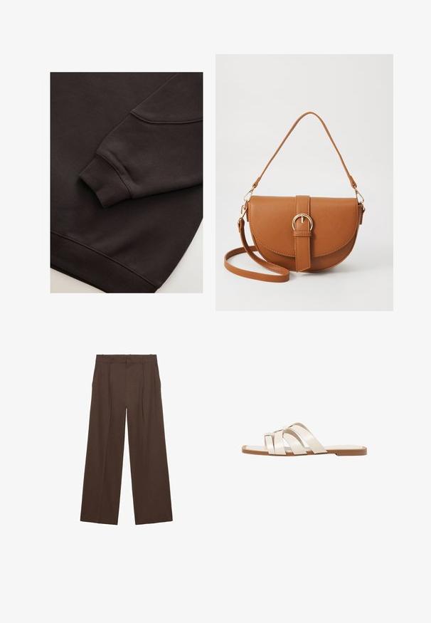 Tmavě hnědá mikina se žebrovanými manžetami a lemováním. Hladká textura s kulatým výstřihem a viditelným švem na rukávu.; Hnědé kalhoty s širokými nohavicemi vyrobené z hladkého materiálu, se zvýšeným pasem, přehyby vpředu a dvěma bočními kapsami.; Ploché sandály s hnědou gumovou podrážkou, navržené se třemi překrývajícími se bílými koženými řemínky a malým mašlí uprostřed.; Hnědá kožená křížová taška s zakřiveným tvarem, zlatými detaily a akcentem s přezkou. Obsahuje odnímatelný popruh na rameno.