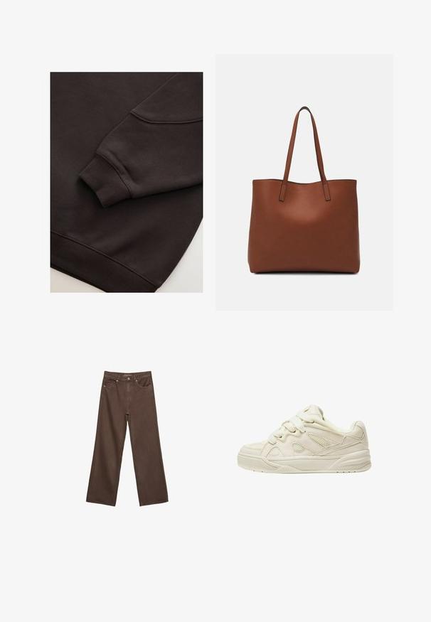 Donkerbruine sweatshirt met ribgebreide boorden en zoom. Soepele textuur met een ronde halslijn en een zichtbare naad op de mouw.; Brede bruine spijkerbroek van denim, met een hoge taille, voorzakken en een klassieke knoopsluiting. Soepele textuur met subtiele stiksels.; Beige sneakers met een gestructureerd bovenwerk, opvallende veters, meshpanelen en een dikke zool. Gebogen ontwerp met een gepolsterde kraag voor comfort.; Bruine leren tote bag met een gladde textuur, een ontwerp met een open bovenkant en twee schouderbanden. Kenmerkt zich door minimale stiksels en geen zichtbare hardware.