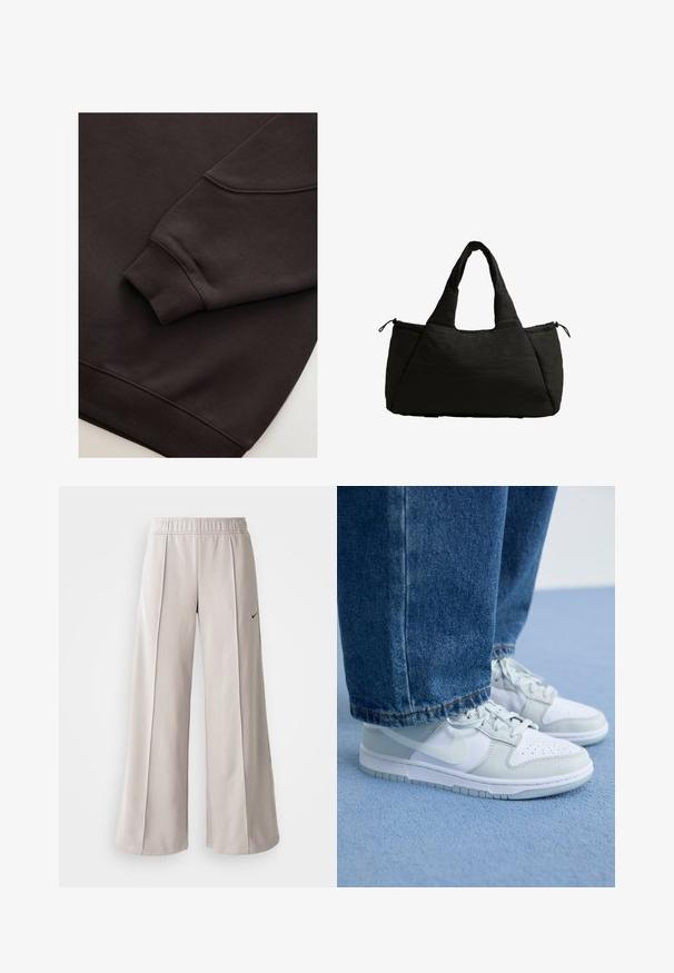 Hanorac maro închis cu manșete și tiv ribbate. Textură netedă, cu decolteu rotund și o cusătură vizibilă pe mânecă.; Pantaloni largi de culoare gri deschis, confecționați dintr-un material neted. Au o talie elastică și un logo Nike negru pe partea stângă.; Tenisi Nike din piele albă și gri deschis, cu vârful perforat, șireturi plate și talpă din cauciuc, asortați cu blugi din denim albastru.; Geantă tote neagră cu o textură pufoasă, având două mânere scurte și o buzunar lateral prins cu șnur. Design simplu, unghiular.