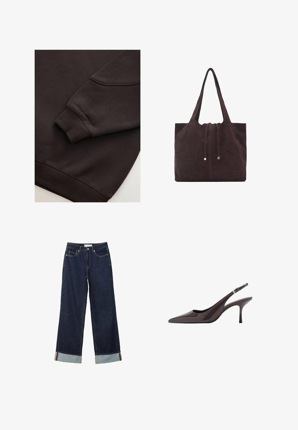 Donkerbruine sweatshirt met ribgebreide boorden en zoom. Soepele textuur met een ronde halslijn en een zichtbare naad op de mouw.; Donkerblauwe wijde jeans met een hoge taille, voorzien van omgeslagen manchetten, contrasterende stiksels en een vijf-pocket ontwerp. Gemaakt van denim stof.; Puntige slingback hakken in donkerbruin lakleer, met een slanke hoge hak en een verstelbare enkelband met een gesp.; Mango Shopper - dark brown