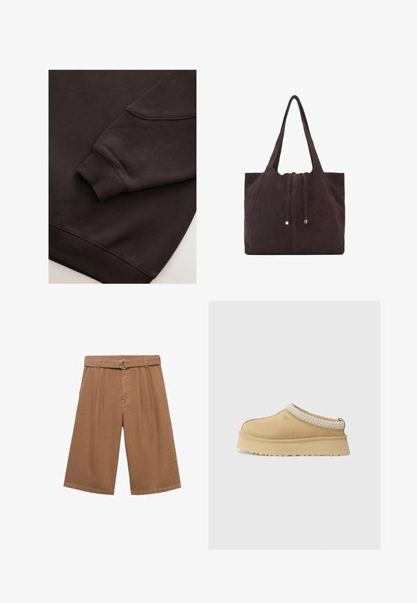 Dunkelbrauner Sweatshirt mit gerippten Bündchen und Saum. Glatte Textur mit einem runden Halsausschnitt und einer sichtbaren Naht am Ärmel.; Braune Baumwollculottes mit Falten, weitem Bein und einem Taillenbund mit einer runden silbernen Metallschnalle. Glatte Textur und lässiges Design.; Beige Wildleder Slipper mit gepolstertem Kragen und strukturiertem hellblauen Akzent. Verfügt über eine dicke, strapazierfähige Außensohle mit gemusterter Profilierung.; Mango Shopping Bag - dark brown