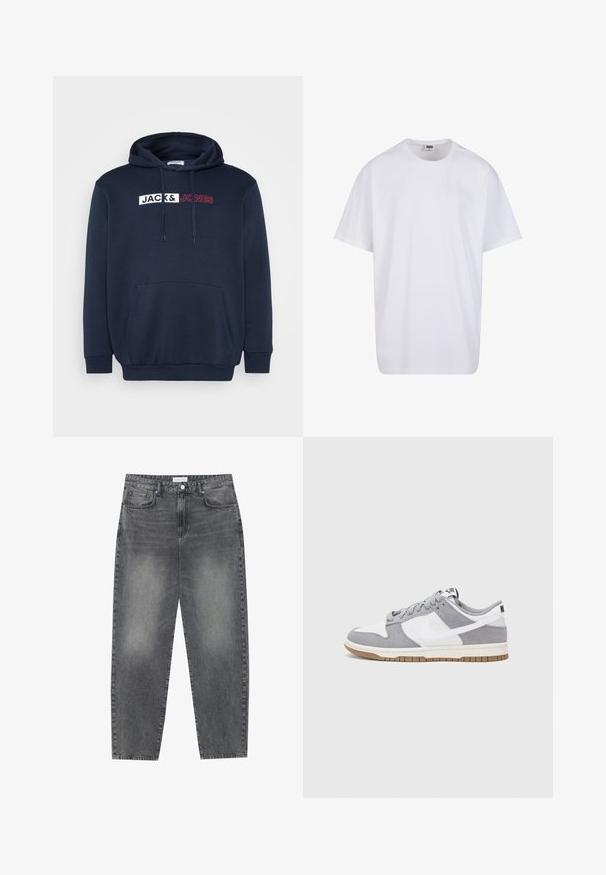 Námořnická modrá mikina s klokaní kapsou, kapucí na šňůrku a bílým/červeným potištěným logem s nápisem "JACK & JONES" přes hrudník.; Bílé triko z bavlny s krátkým rukávem, kulatým výstřihem, volným střihem a bez viditelných log či vzorů. Hladká textura a minimalistický design.; Kalhoty s vysokým pasem, volného střihu, vyrobené z vybledlého černého denimu. Mají pět kapes, poutka na opasek a čistý, rovný střih nohavic.; Šedé a bílé tenisky s svrškem z jemné kůže a kůže, kulatou špičkou, plochými tkaničkami a gumovou podrážkou s akcentem v barvě gumy.