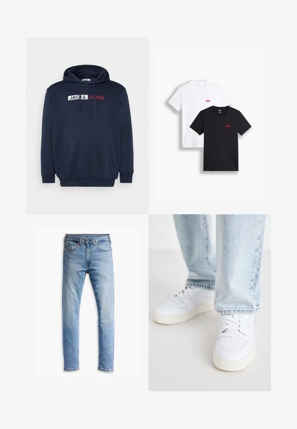 Námornícky modrá mikina s klokaním vreckom, kapucňou so sťahovacou šnúrkou a bielo-červeným potlačeným logom s nápisom "JACK & JONES" na hrudi.; Dvoje tričiek s krátkymi rukávmi: jedny biele a jedny čierne. Obe z bavlny s červeným logom Levi's na hrudi. Jednoduchý dizajn s okrúhlym výstrihom.; Svetlomodré džínsy s rovnými nohavicami, piatimi vreckami, zapínaním na gombík a jemným vyblednutím po celej látke.; Biele kožené nízke tenisky s perforovanou špičkou, plochými šnúrkami a minimalistickým dizajnom. Skombinované s svetlomodrými džínsami.