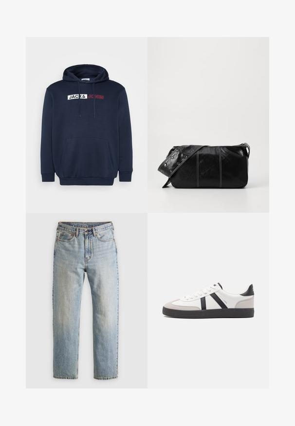 Tummansinihuppari, jossa on kengurupussi, kiristettävä huppu ja valkoisella/punaisella painettuna "JACK & JONES" -logo rinnan kohdalla.; Vaaleansininen farkut, joissa on korkea vyötärö, etunappi, vetoketju ja viisi taskua, asetettu tasaisesti neutraalille taustalle.; Valkoiset lenkkarit mustilla ja harmailla yksityiskohdilla, joissa on teksturoitu harmaa kärki, musta kumipohja ja litteät valkoiset nauhat. Siisti muotoilu, minimalistinen tyyli.; Mustakulmainen nahkainen olkalaukku, jossa on vetoketjukiinnitys, teksturoitu pinta, valkoiset ompeleet ja hihna, jossa on hopeiset niitit.