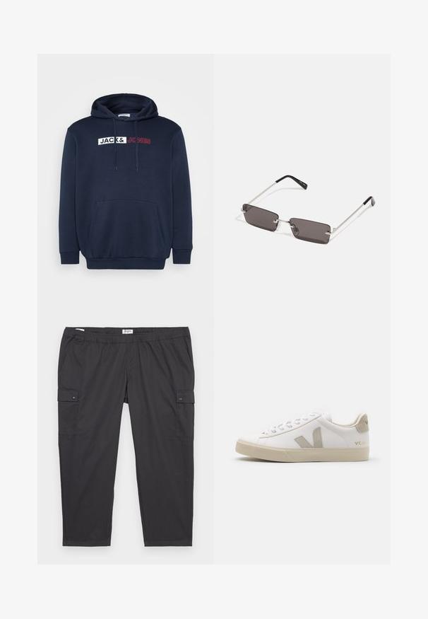 Tummansinihuppari, jossa on kengurupussi, kiristettävä huppu ja valkoisella/punaisella painettuna "JACK & JONES" -logo rinnan kohdalla.; Mustat cargo-housut, joissa on joustava vyötärö, sivutaskut ja napinappi-yksityiskohtia. Valmistettu kevyestä, sileästä kankaasta.; Valkoiset nahkakengät, joissa on beigen sävyjä, litteä kumipohja, pyöreä kärki ja kontrastiväri logo sivuilla ja takana. Nauha-tyylinen muotoilu.; Aurinkolasit, joissa on suorakulmaiset, tummanharmaat linssit, hopeiset metallikehykset ja mustat muoviset päät. Kevyt muotoilu nenätyynyillä.