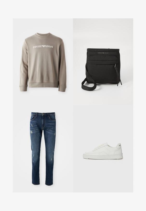 Felpa grigia in cotone con polsini e scollatura a costine. Presenta il logo bianco "EMPORIO ARMANI" sulla parte anteriore. Texture morbida e design semplice.; Jeans in denim blu scuro con vestibilità slim, lievi abrasioni su cosce e ginocchia, design classico a cinque tasche e chiusura con bottone.; Sneaker in pelle bianca con una finitura liscia, punta rotonda, lacci piatti e suola testurizzata. Presenta un logo discreto sul tallone.; Borsa a tracolla nera Emporio Armani con tasca anteriore con zip, tracolla regolabile e dettaglio del logo su tessuto testurizzato.