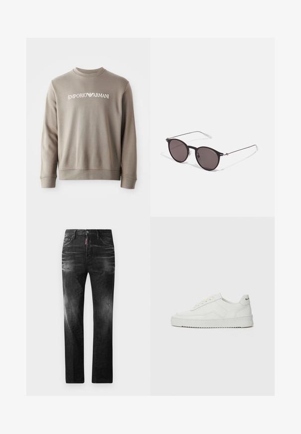 Pelēks kokvilnas džemperis ar ribotām piedurknēm un kakla izgriezumu. Ar baltu "EMPORIO ARMANI" logo uz krūtīm. Mīksta tekstūra un vienkāršs dizains.; Melni džinsi no denima ar taisnu piegriezumu. Iespējas ietver izbalējušas vietas, nelielas nodiluma pazīmes, klasisko piecu kabatu dizainu un pogu aizdari.; Baltas ādas sneakers ar gludu virsmu, apaļu pirkstu daļu, plakaniem šņorēm un teksturētu zoli. Satur diskrētu logotipu uz papēža.; Melni apaļi saulesbrilles ar tumšiem lēca un plānām metāla stangām. Iekļautas caurspīdīgas tempļu galviņas un sudraba akcenti pie eņģes. Minimalistisks dizains.