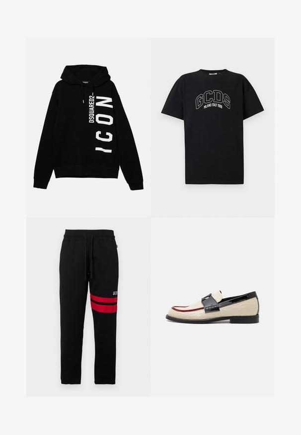 Black hoodie made of cotton, featuring a white graphic text "DSQUARED2 ICON" on the front. Includes a drawstring hood and ribbed cuffs.; Black cotton t-shirt with short sleeves. Features white GCDS logo and "MILANO ITALY 1988" text in an arch. Standard fit and crew neck.; Black sweatpants with contrast red stripes and logo on the side. Features an elastic waistband with drawstring and tapered ankle cuffs.; Beige loafers with embossed pattern, red accent stripe, and glossy black heel. Features a strap with buckle detail. Flat black sole.