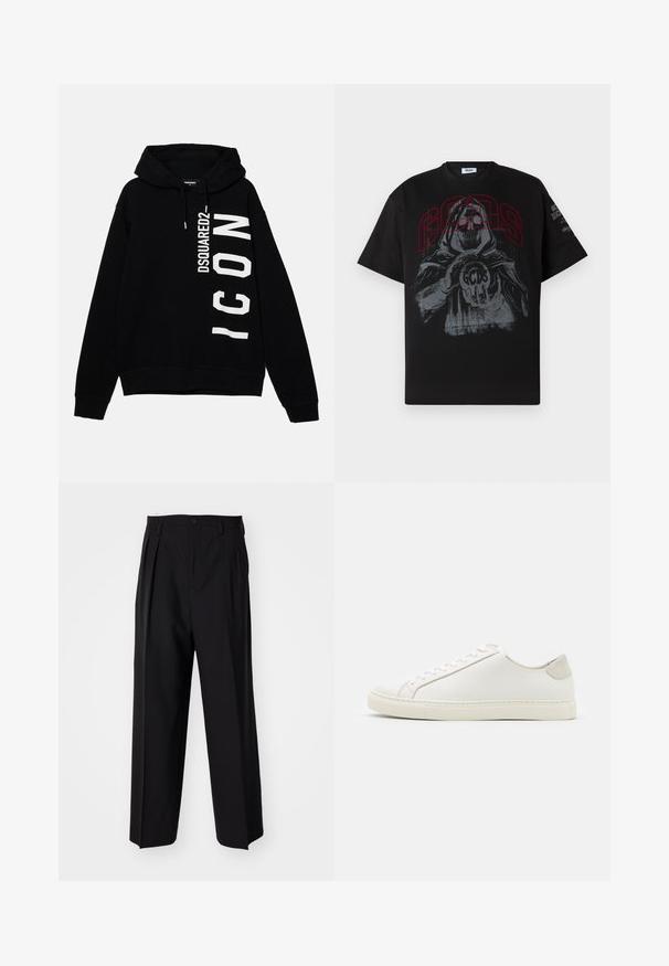 Black hoodie made of cotton, featuring a white graphic text "DSQUARED2 ICON" on the front. Includes a drawstring hood and ribbed cuffs.; Black cotton t-shirt featuring a large graphic print of a hooded figure holding a ball with "GCDS" in red, short sleeves, and a crew neckline.; Black pleated trousers with a straight, wide-leg design. Made from smooth fabric, featuring a button closure and belt loops.; White leather sneaker with a smooth surface, round toe, and minimalistic design. Features beige accents on the heel and a rubber sole.