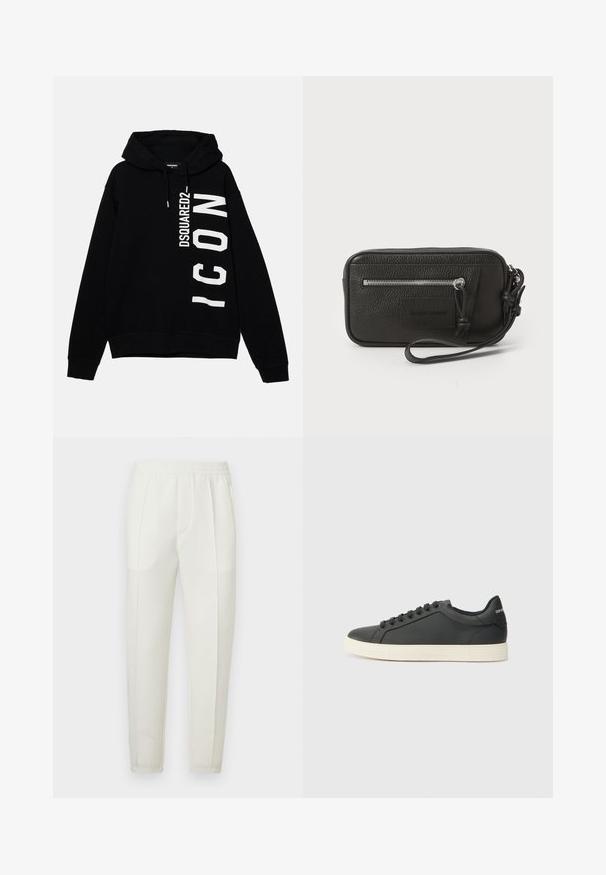 Svart hoodie gjord av bomull, med vit grafisk text "DSQUARED2 ICON" framtill. Har en dragsko i huven och ribbade muddar.; Vita slim-fit byxor med elastisk midjeresår, utrustade med två sidofickor och en slät, lätt glansig yta.; Svart lädersneaker med låg profil, rund tå och snörning; har en texturerad gummisula och logotypdetalj på hälen.; Svart läderclutch med texturerad yta, framfickan med dragkedja och avtagbar handledsrem. Har en logotypetikett framtill. Rektangulär form.