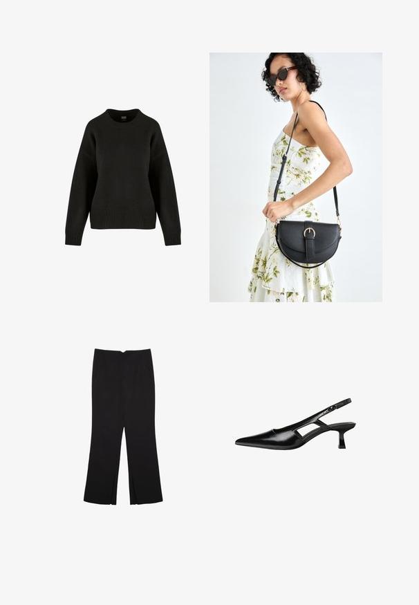 Černý pletený svetr s kulatým výstřihem, spadlými rameny a žebrovaným lemem. Materiál má měkkou strukturu a volný střih.; Černé kalhoty s rovným střihem, s předními kapsami a bočními rozparky na lemu. Vyrobené z jemné, hladké tkaniny. Vhodné na různé příležitosti.; Černé lakované lodičky na podpatku se špičatou špičkou, výřezovým designem na boku a malým čtvercovým podpatkem. Hladká textura s minimálními akcenty.; Černá kožená kabelka s křivkovým tvarem, odnímatelným popruhem a zlatými detaily. Kabelka má klopu s přezkou.
