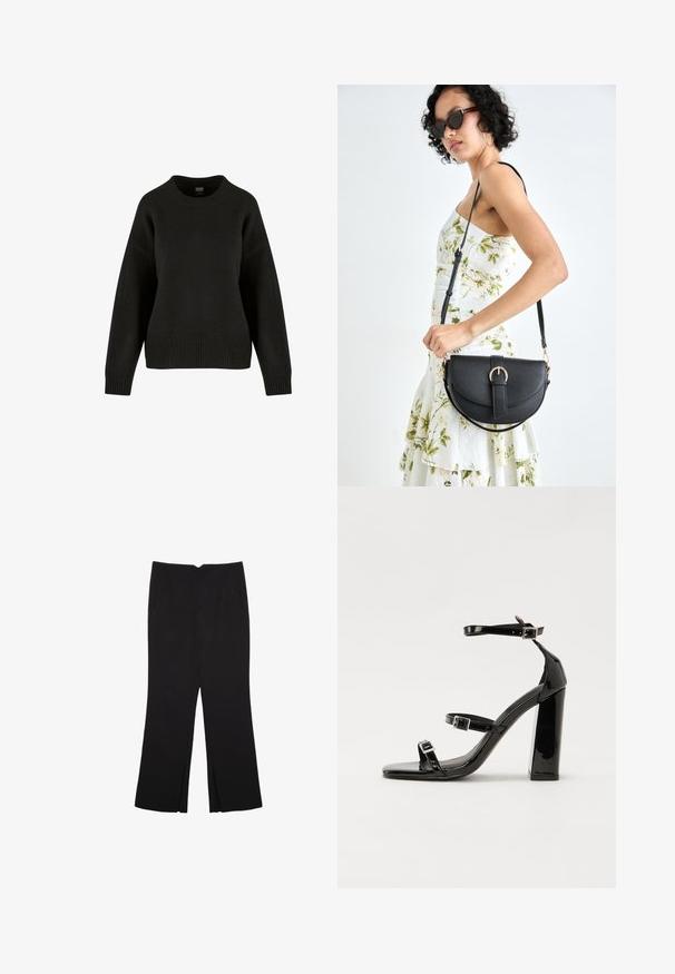 Svart stickad tröja med rund halsringning, sänkta axlar och ribbad nederkant. Tyget har en mjuk textur och en avslappnad passform.; Svarta byxor med rak passform, utrustade med framfickor och sidoklyvningar vid fållen. Tillverkade av mjukt, slätt tyg. Lämpliga för olika tillfällen.; Svarta lackerade högklackade sandaler med två spännband, fyrkantig tå och en tjock klack, med en slät och glansig yta.; Svart läderhandväska med en böjd form, avtagbar rem och guldiga detaljer. Väskan har ett lock med en spänndetalj.