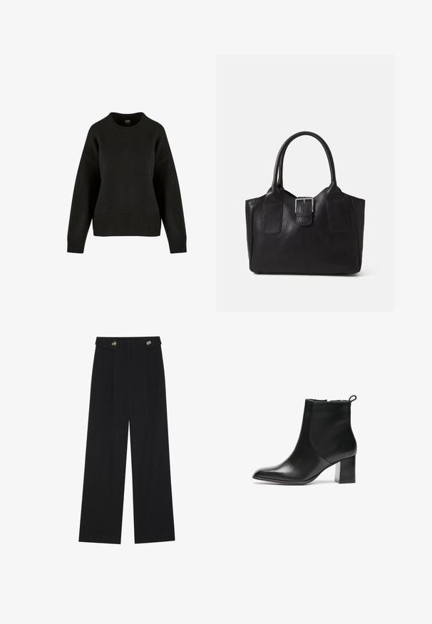 Černý pletený svetr s kulatým výstřihem, spadlými rameny a žebrovaným lemem. Materiál má měkkou strukturu a volný střih.; Černé široké kalhoty s vysokým pasem, detailní knoflíky na pase a přední záhyby.; Černá kožená kotníková bota s kulatou špičkou, středně vysokým blokovým podpatkem a poutkem na zadní straně. Hladká textura, minimalistický design.; Černá kožená tote taška s hladkým povrchem, strukturovaným tvarem, dvěma uchy a výrazným stříbrným detailem s přezkou na přední straně.