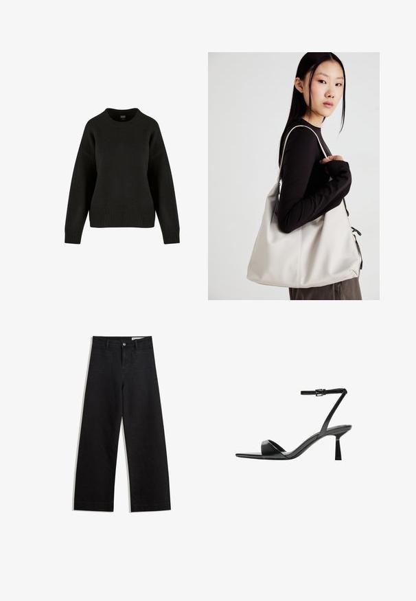 Pulover negru tricotat cu guler rotund, umeri lăsați și tiv ribatat. Textilele au o textură moale și o croială lejeră.; Pantaloni din denim negri cu picioare largi, cu talie înaltă, având buzunare frontale și posterioare, cusături dublate și închidere cu nasture. Textură netedă.; Bershka Sandale cu toc - black; Geantă bej din material moale, cu un design lejer, detalii cusute și două bretele pentru umăr. Potrivită pentru utilizarea zilnică.