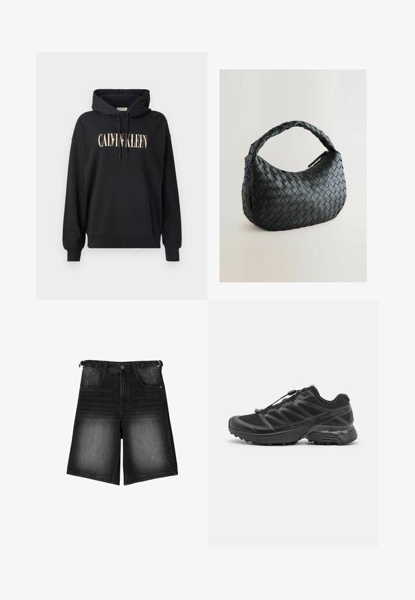 Fekete kapucnis pulóver elülső zsebbe, húzózsinórral és világos rózsaszín "CALVIN KLEIN" logóval. Puha, texturált anyagból készült.; Fekete farmer rövidnadrág, amely elhalványult megjelenésű, öt zsebbel, gombos záródással és övhurkokkal rendelkezik. Az anyag sima tapintású.; Fekete futócipő hálós és szintetikus felsőrésszel, rugalmas talppal és elasztikus fűzőkkel. Párnázott középtalppal rendelkezik a kényelem érdekében.; Fekete szőtt kézitáska lekerekített formával, struktúrált felülettel és vastag fonott fogantyúval. Cipzáros záródással a biztonságos tárolás érdekében.