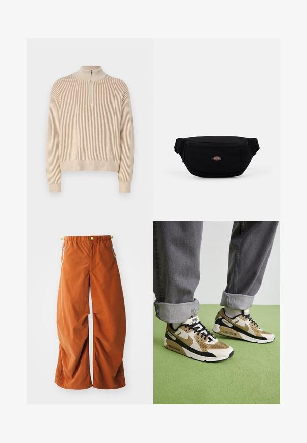 Beidzis ribots džemperis ar augstu kaklu un īsu rāvējslēdzēju priekšpusē. Tam ir garas piedurknes un brīvs griezums. Ir strukturēta adījumā visā.; Oranžas plata kāju bikses ar elastīgu jostasvietu, sānu rāvējslēdzēja kabatām un brīvu, teksturētu audumu, kas izstrādāts ērtībai un kustībai.; Nike Air Max 90 kedas bēšā un melnā krāsā, ar sieta un ādas materiāliem, redzamu amortizāciju un melnām auklām.; Melns auduma jostas soma ar rāvējslēdzēja aizdari, ar nelielu zīmola logotipu priekšpusē. Kompakta, noapaļota forma ar regulējamām siksnām.