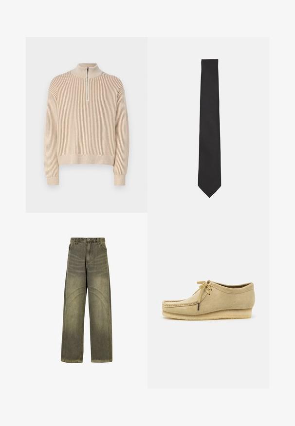 Beige ribbad tröja med hög krage och kort dragkedja fram. Har långa ärmar och en avslappnad passform. Texturerad stickad design genom hela plagget.; Värikäs farkkuyhdistelmä avaralla lahkeella oliivinvihreässä denimissä, joka sisältää kaarevia sauma-akkentteja, klassisen nappikiinnityksen ja haalistuneen pinnan.; Vaaleanbeige mokkasiinikenkä, jossa on nauhakiinnitys, ommeltu yksityiskohtia ja kumipohja. Muotoilu on rento, jossa on kevyt kiilakorko.; Musta solmio, joka on valmistettu sileästä kankaasta. Se on pitkänomainen, kapea muoto, jossa on terävä pää eikä näkyviä kuvioita tai koristeita.