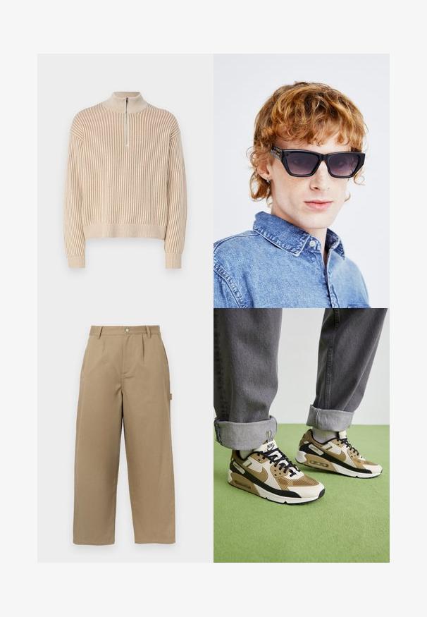 Béžový žebrovaný svetr s vysokým límcem a krátkým zipem vpředu. Má dlouhé rukávy a volný střih. Texturovaný pletený vzor po celém povrchu.; Béžové široké kalhoty z kombinace bavlny, s vysokým pasem, předními sklady a dvěma bočními kapsami s uzávěrem na knoflík.; Tenisky Nike Air Max 90 v béžové a černé barvě, vyrobené z materiálů síťoviny a kůže, s viditelným polstrováním a černými tkaničkami.; Černé sluneční brýle s odvážným geometrickým designem, tmavými skly a zlatými akcenty. Nosené s jasně modrou džínovou košili. Texturovaný a moderní vzhled.