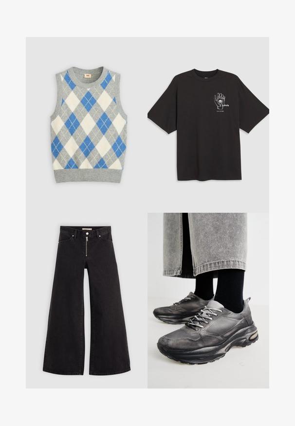 Pull gris sans manches avec un motif argyle bleu, blanc et jaune. Il présente un col rond et un ourlet côtelé. Fabriqué en tissu doux.; T-shirt en coton noir à manches courtes, avec un graphisme de main et le texte "Levi's LA LUNE" en blanc sur le côté gauche de la poitrine.; Jean large en denim noir avec une fermeture éclair à l'avant, un design à cinq poches et des détails de couture subtils. Texture lisse et style décontracté.; Des chaussures de sport noires et grises présentent un dessus en mesh, des semelles épaisses et des lacets. Elles ont un bout arrondi et des détails de rembourrage visibles.