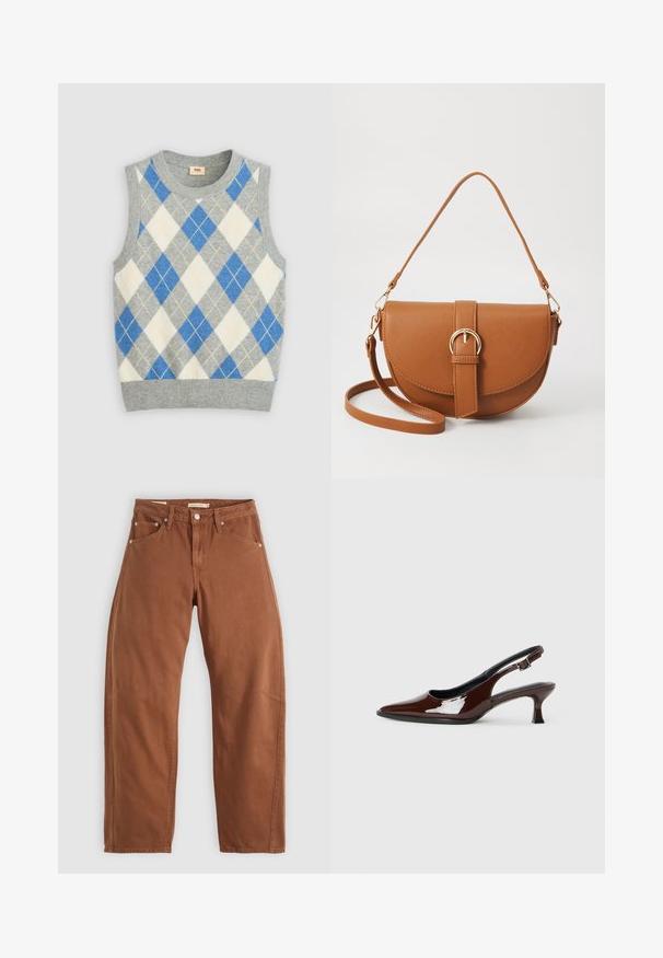 Grijze mouwloze trui met een argyle patroon in blauw, wit en geel. Heeft een ronde halslijn en een geribde zoom. Gemaakt van zachte stof.; Roestbruin rechte jeans met voor- en achterzakken, metalen klinknagels, knoopsluiting en riemlussen, plat neergelegd op een witte achtergrond.; Bruine gepatineerde leren slingback-schoen met een spitse neus en een gematigd hakje. Voorzien van een gespsluiting voor een veilige pasvorm. Glad van textuur.; Bruine leren schoudertas met een gebogen vorm, gouden hardware en een gespaccent. Bevat een afneembare schouderriem.