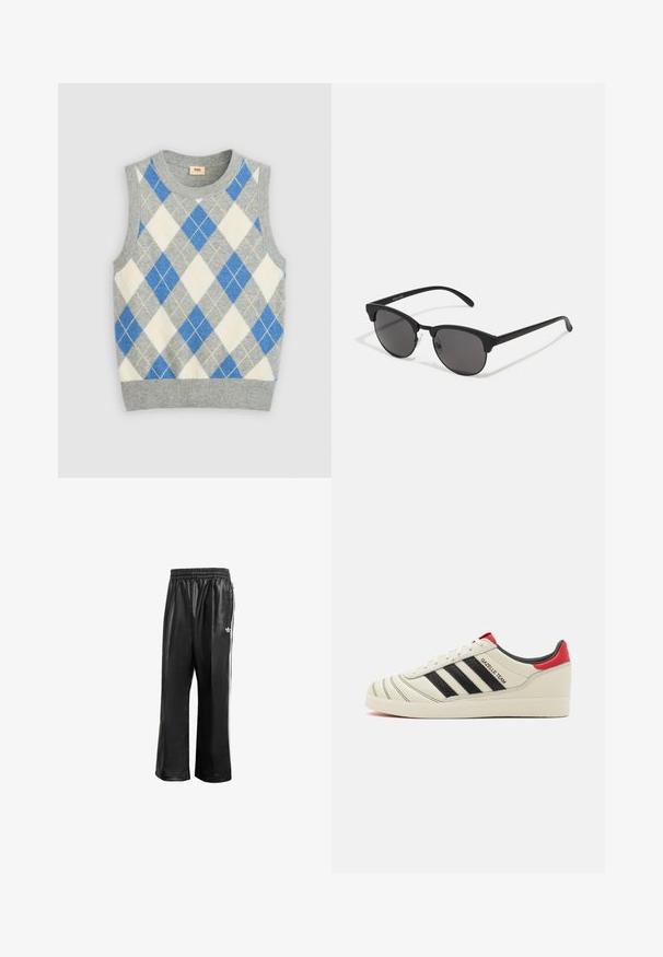 Siva bez rukava traka s argyle uzorkom u plavoj, bijeloj i žutoj boji. Ima zaobljen dekolte i rebrasti rub. Izrađena je od mekog materijala.; Crne sintetičke trenirke s elastičnom waistbandom, sa bijelim bočnim prugama i malim bijelim logoom na lijevom kuku.; Kremaste kožne tenisice s crnim prugama, crvenim detaljima na petama i teksturiranim elementima. Imaju gumeni đon i vezanje na vezice.; Crne sunčane naočale s okruglim lećama, mat završetkom i specifičnim oblikom mačjih očiju. Tanke naramenice s diskretnim brendiranjem na lijevom hramu.