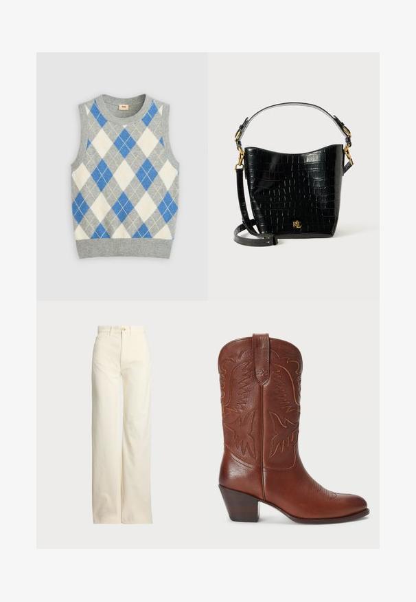 Sivý bezrukávový sveter s argyle vzorom v modrej, bielej a žltej farbe. Má zaoblený výstrih a rebrovaný lem. Vyrobený z mäkkej tkaniny.; Polo Ralph Lauren COTTON CORDUROY WIDE-LEG PANT - Nohavice - warm white; Hnedá kožená cowboy topánka s špicatou špičkou, embosovaným západným dizajnom a vrstveným podpätkom. Obsahuje prešívanie a hladký povrch.; Čierna kabelka z kože s embosovaným hadím vzorom, zakriveného tvaru, so zlatými kovovými doplnkami, nastaviteľným popruhom a detailom loga na prednej strane.