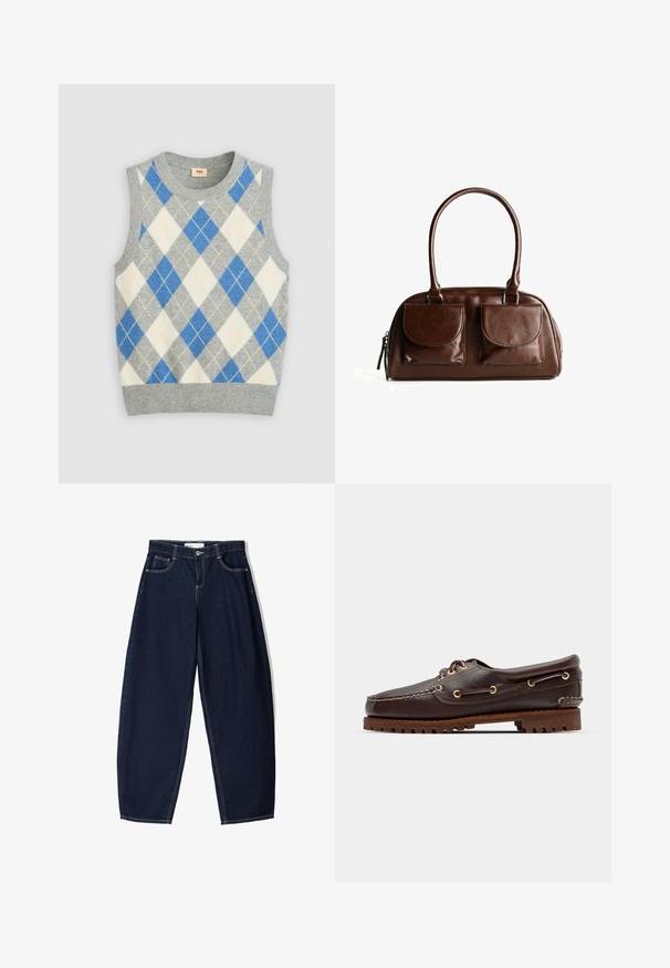 Szary bezrękawnik z wzorem w argyle w odcieniach niebieskiego, białego i żółtego. Posiada okrągły dekolt i ściągacze u dołu. Wykonany z miękkiego materiału.; Granatowe dżinsowe spodnie o luźnym kroju, z pięcioma kieszeniami, kontrastowym przeszyciem i zamkiem błyskawicznym z przodu.; Brązowe skórzane buty w stylu boat shoe z złotymi oczkami, okrągłymi sznurowadłami oraz teksturowaną brązową gumową podeszwą. Zawierają przeszycia i wypukłe logo.; Brązowa skórzana torebka na ramię z dwiema przednimi kieszeniami na klapki, zaokrąglonymi uchwytami i zamkiem błyskawicznym po bokach, na białym tle.