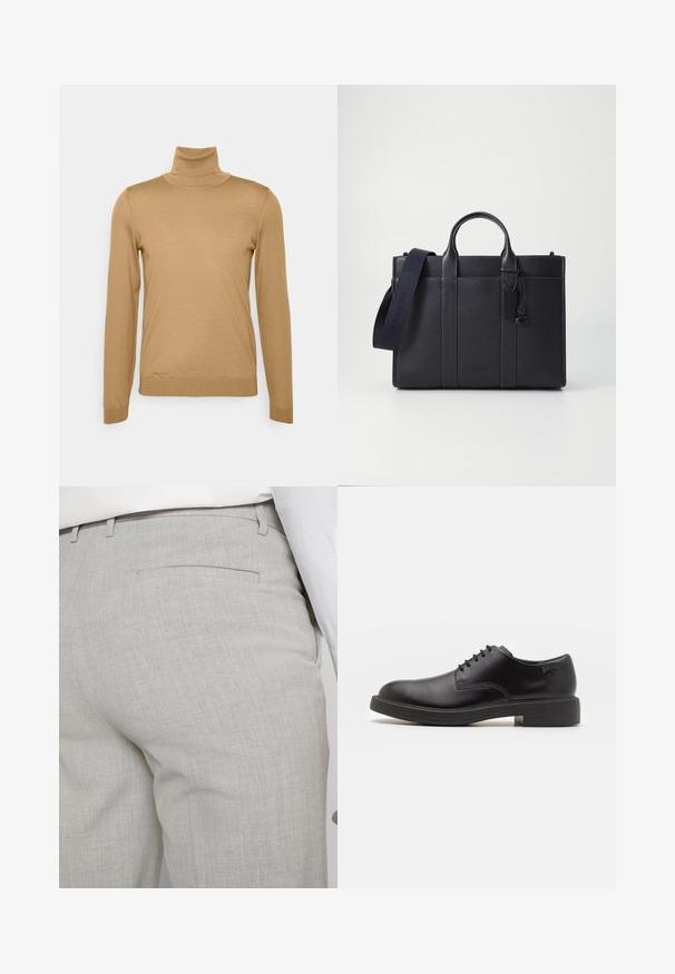 Nadrágos turtleneck pulóver, puha kötött anyagból, hosszú ujjaival, testhezálló fazonban és bordázott mandzsettákkal a részletek fokozása érdekében.; Világosszürke, texturált anyagból készült szabott nadrág, egyetlen hátsó zsebbel és tiszta varrással.; Fekete bőrcipő, kerek orrú, sima felületű, minimális varrással és alacsony gumitalppal. Logó a sarokrészen.; Sötét tengerészkék bőr aktatáska, dupla felső fogantyúval és levehető pánttal. Texturált felülettel, függőleges varrással és logó részlettel rendelkezik.