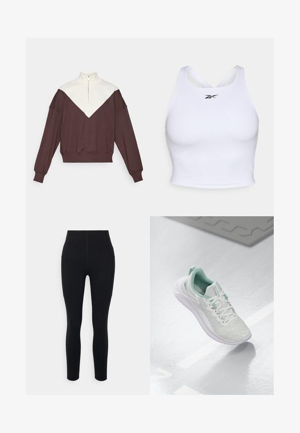 Brązowa i kremowa bluza z półzamkiem, z V-kształtnym wzorem kolorystycznym, ściągaczami przy rękawach oraz miękką teksturą.; Biały sportowy crop top wykonany z gładkiego, elastycznego materiału. Posiada krzyżowy wzór na plecach oraz małe czarne logo z przodu.; Czarne legginsy w wysokim stanem wykonane z elastycznego materiału, z bocznymi kieszeniami i gładkimi szwami dla uzyskania wysmuklonego wyglądu.; Jasnoszare buty sportowe z teksturowaną dzianiną, miętowymi akcentami, białymi sznurowadłami, gumową podeszwą i uchwytem na pięcie.