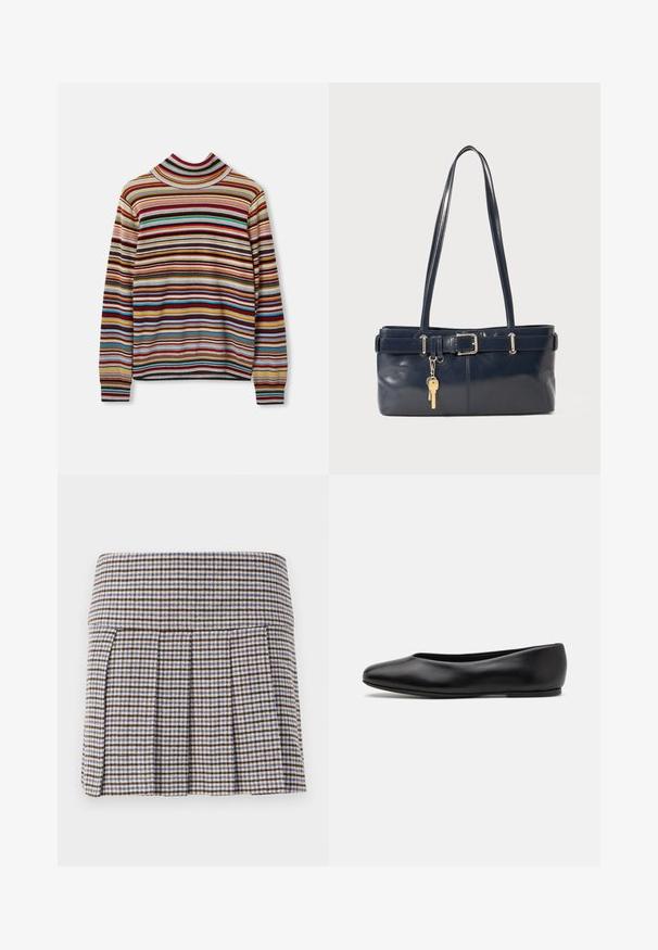 Bunt gestreifter Rollkragenpullover mit horizontalen Streifen in Rot, Blau, Gelb und Grau. Hergestellt aus weichem Stoff mit gerippten Bündchen.; Faltenrock in einem braun-beige-blauen Karomuster. Hergestellt aus einem strukturierten Stoff mit einer engen Taille und dekorativen Falten.; Paul Smith TOPANGA - Klassischer Ballerina - black; Marineblaue Lederhandtasche mit zwei langen Griffen, einer Schnallen-Detailierung und einem daran befestigten Schlüsselanhänger. Besitzt eine glatte Textur und eine rechteckige Form.
