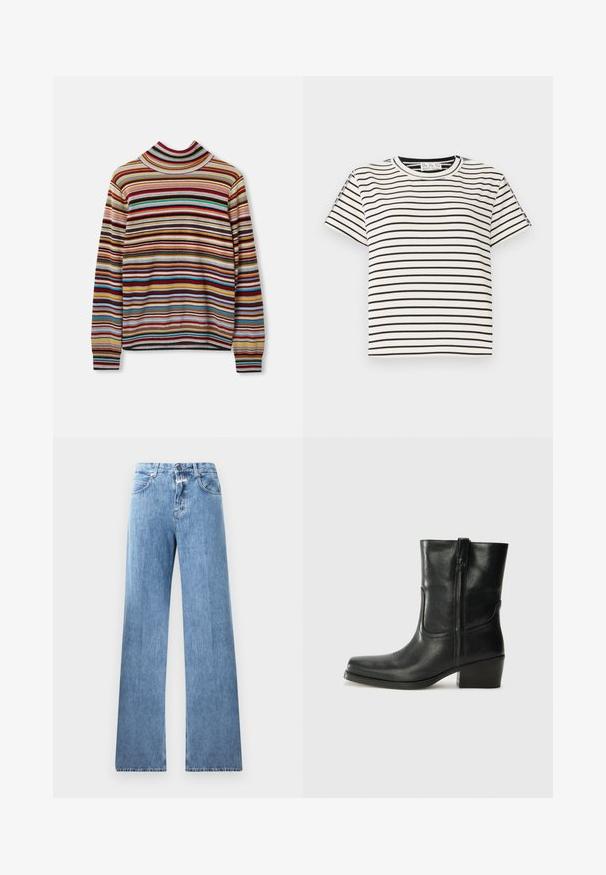 Bunt gestreifter Rollkragenpullover mit horizontalen Streifen in Rot, Blau, Gelb und Grau. Hergestellt aus weichem Stoff mit gerippten Bündchen.; Kurzarm-T-Shirt aus Baumwolle mit Rundhalsausschnitt, das auf einem weißen Hintergrund schwarze vertikale Streifen und einen geraden Schnitt aufweist.; Hellblaue Jeans aus Denim mit weitem Bein, fünf Taschen, Gürtelschlaufen und einem Knopfverschluss. Der Stoff hat eine glatte Textur.; Schwarze Leder-Ankle Boots mit runder Zehenform, Blockabsatz, seitlichem Reißverschluss und gestickten Akzenten auf dem Blatt. Glatte Textur, klassisches Design.