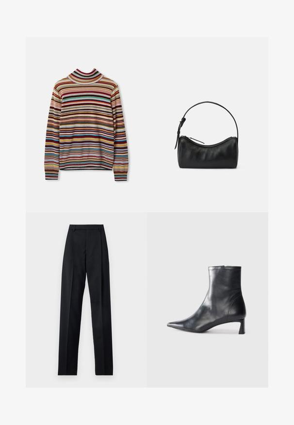 Daugiaspalvis smailiaparkas su horizontaliomis raudonomis, mėlynomis, geltonomis ir pilkomis juostelėmis. Pagamintas iš minkštos medžiagos su raukšlėtomis rankovėmis.; Juodos kelnės iš lygaus audinio, pasižyminčios aukštu liemeniu, plačiomis kojomis, priekinėmis klostėmis ir klasikiais diržo kilpomis. Šoninių kišenių nematyti.; Juodas odinis kulkšninis batas su smailiu pirštu ir elegantišku dizainu. Turi žemą kulną ir užtrauktuką gale. Lygi tekstūra.; Juodas odinis petinis krepšys su kreivėmis, užtrauktuko uždarymu ir plonu dirželiu. Pasižymi lygiu paviršiumi ir subtiliais siuvinėjimo akcentais.