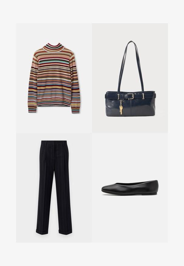 Turtleneck pulover sa višebojnim prugama koji sadrži horizontalne pruge u crvenoj, plavoj, žutoj i sivoj boji. Izrađen od mekog materijala sa rebrastim manžetama.; Crne prugaste hlače s krojem po mjeri, s opšivenim rubom i prednjim naborima. Izrađene od glatkog materijala s čvrstim dizajnom.; Paul Smith TOPANGA - Balerinke - black; Morska kožna torbica s dva duga ramena, detaljem kopče i privjeskom za ključeve. Ima glatku teksturu i pravokutni oblik.