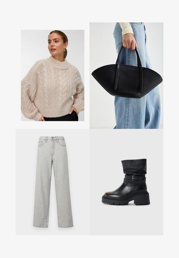 Frau in einem cremefarbenen, grob gestrickten Pullover mit hohem Rundhalsausschnitt und langen Puffärmeln, die mit einer Hand in der Tasche ihrer schwarzen Hose steht.; Hellgraue, weit geschnittene Jeans aus Denim mit hoher Taille, Fronttaschen und einem Standardverschluss mit Knopf und Reißverschluss.; Schwarze Leder-Stiefelette mit einem lässigen Schaft, Schnallenverzierung und dickem, robustem Absatz. Verfügt über eine runde Zehenpartie und eine glatte Textur.; Schwarze Lederhandtasche mit einzigartiger Fächerform, ausgestattet mit flachen Griffen. Die Oberfläche hat eine genoppte Textur und ein minimalistisches Design.