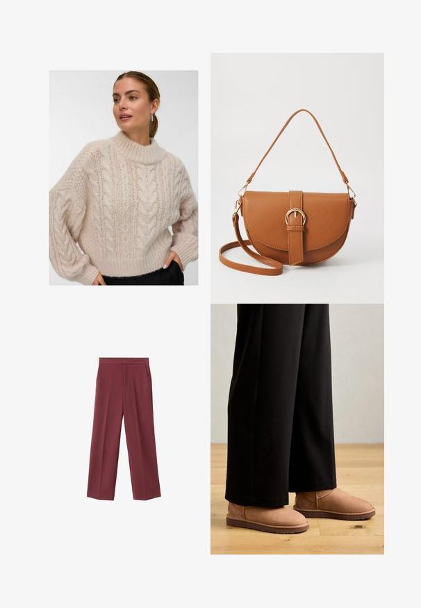 Kvinna iklädd en krämfärgad tjock kabelstickad tröja med hög rund hals och långa puffärmar, stående med en hand i fickan på de svarta byxorna.; Bordeaux bredderbyxor med en slät textur, med sidofickor och hög midja. Skräddarsydda med en ren frontveck.; Bruna mocka ankelstövlar med en platt gummisula, rund tå och minimal sömnad, bära med svarta vida byxor på ett trägolv.; Brun läder crossbody-väska med en böjd form, gyllene detaljer och en spänneaccent. Har en avtagbar axelrem.