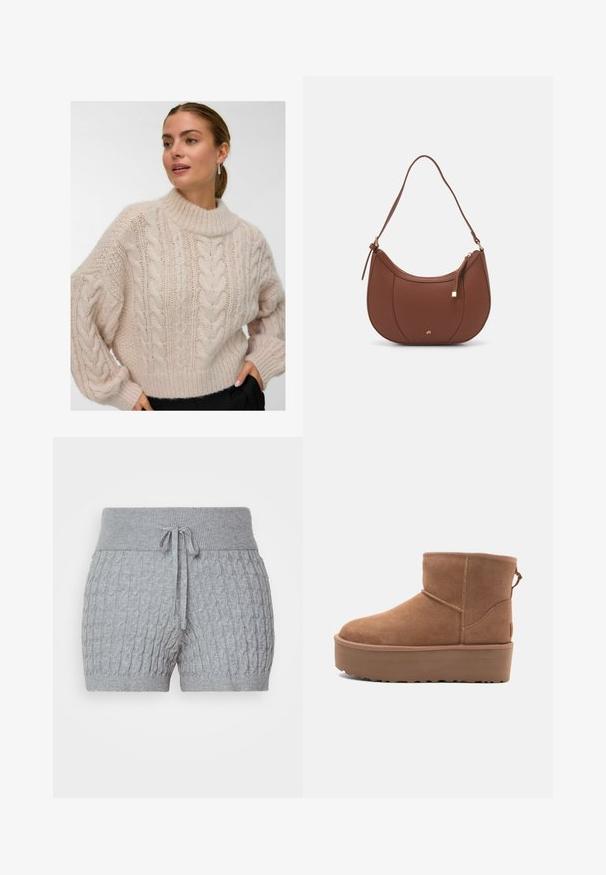 Ženska, oblečena v kremno obarvani pulover z debelim kablom in visokim okroglim ovratnikom ter dolgimi napihnjenimi rokavi, stoji z roko v žepu črnih hlač.; Sive pletene kratke hlače z teksturiranim vzorcem, z ribastim pasom in nastavljivim vrvico. Kratka dolžina, mehak material.; Bela antilopova gležnjača s platformom, okruglim vrhom i dekorativnim šavovima; ima uvučenu petlju straga za lakše oblačenje.; Rjava usnjena torbica z ramenskim ročajem, ukrivljene oblike, minimalnim šivom in zlato-tonirano kovinsko dekoracijo. Ima zgornje zapiranje na zadrgo in nastavljiv trak.