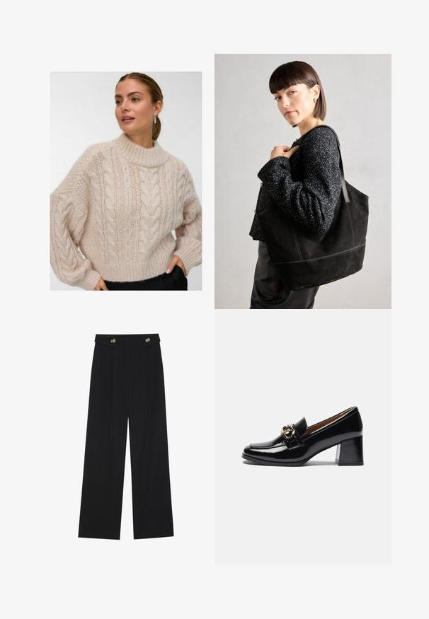 Žena oblečená v krémově zbarveném silném svetr s kabelovým pletením, vysokým kulatým výstřihem a dlouhými balónovými rukávy, stojící s jednou rukou v kapse černých kalhot.; Černé široké kalhoty s vysokým pasem, detailní knoflíky na pase a přední záhyby.; Černé lakované kožené lodičky na podpatku s kulatou špičkou, robustnějším podpatkem a zlatým akcentem na předním pásku.; Černá semišová taška přes rameno s hladkým povrchem, strukturovaným tvarem a kontrastním prošíváním. Má dlouhé popruhy pro nošení přes rameno.