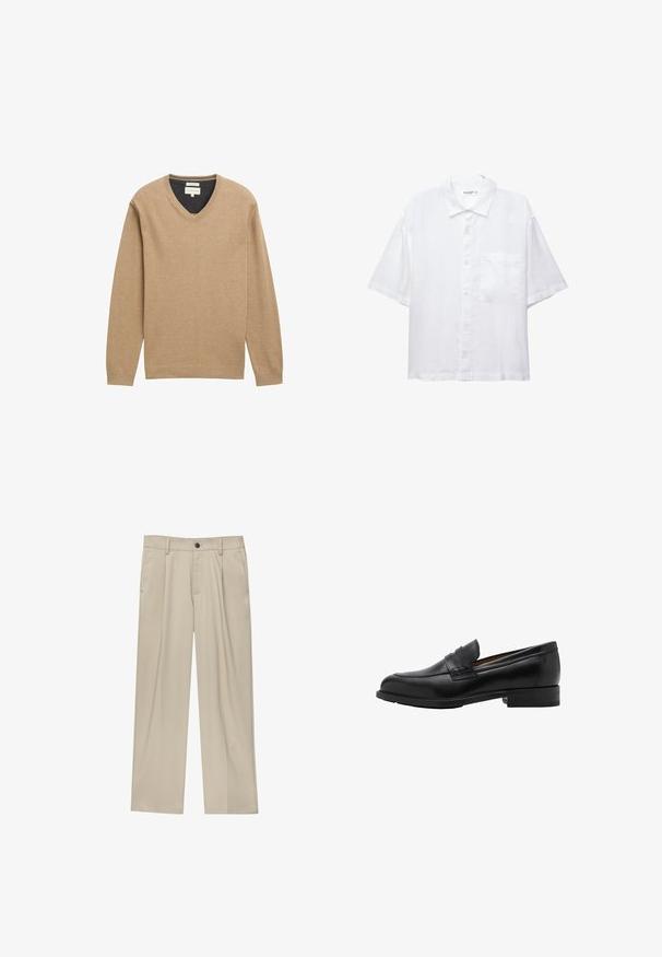 Beige V-Ausschnitt-Pullover aus weichem Strickstoff, mit langen Ärmeln und geripptem Saum. Dezentes Logo-Detail auf der Brust.; Weißes Kurzarmhemd mit Knopfleiste, Kragen und einer Brusttasche. Aus leichtem Stoff mit glatter Textur gefertigt.; Beige Hosen mit geradem Schnitt, ausgestattet mit einem einzelnen schwarzen Knopf, Gürtelschlaufen und Seitentaschen. Glatte Stofftextur und minimalistisches Design.; Schwarze Leder-Löcher mit genähtem Vorderteil und flachem Absatz. Glatte Textur mit runder Zehenform und einem dekorativen Riemen über dem Spann.