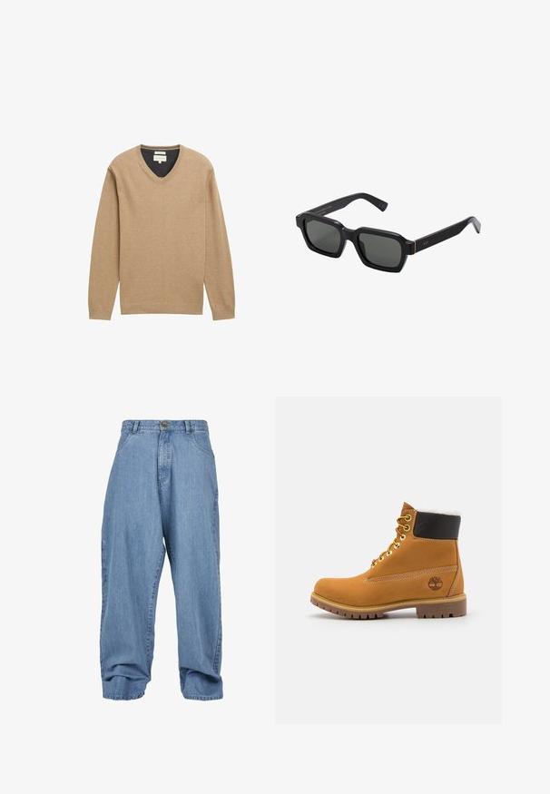 Bež džemper s V-izrezom napravljen od mekog pletenog materijala, s dugim rukavima i rebrastim rubom. Suptilan detalj s logom na prsima.; Svijetloplave traperice s opuštenim krojem, kopčanje na gumb, prednji džepovi i manžetna, s klasičnim dizajnom od pet džepova.; Smeđi kožni gležnjača sa metalnim okovima, bijelim krznom obloženim unutrašnjim dijelom, crnim podstavljenim okovratnikom, robusnom potplatom i utisnutim logoom na strani.; Crne, četvrtaste sunčane naočale s sivim lećama. Debeli plastični okviri imaju zlatne naglaske i brendiranje na sljepoočnicama. Glatka tekstura.