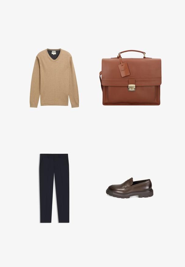 Beige V-hals trui gemaakt van zacht breiwerk, met lange mouwen en een geribbelde zoom. Subtiele logo-detail op de borst.; Marineblauwe broek met een getailleerde pasvorm, voorzien van twee voorkruiden, een vlakke voorkant en een gladde textuur. Geen zichtbare patronen of versieringen.; Desa Instappers - brown; Bruine leren aktetas met een klep, bovenhandgreep, afneembare schouderband, gouden hardware en een bagagelabel met de merknaam.; Zilveren metalen horloge met een geborstelde blauwe wijzerplaat, witte uurmarkeringen en een datumweergave. Voorzien van een geschakelde metalen band en het logo van het merk.
