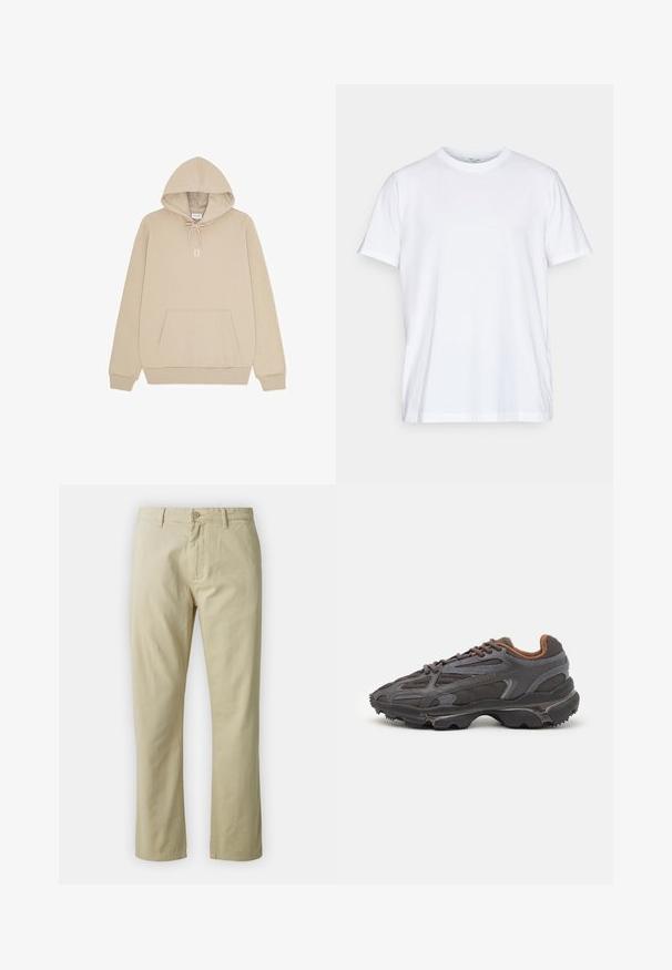 Sudadera con capucha beige con bolsillo tipo canguro en el frente, capucha con cordón, puños acanalados y "II" impreso en blanco en el pecho.; Camiseta blanca de algodón con mangas cortas, cuello redondo y un corte relajado. Presenta un diseño minimalista, sin patrones ni acentos.; Pantalones de algodón beige con un diseño de pierna recta, cierre frontal con botón y presillas para cinturón. Textura suave, sin patrones ni acentos visibles.; Zapatillas Lacoste en gris oscuro con material de malla y sintético, que cuentan con una suela texturizada y detalles en marrón en el cuello y la marca.