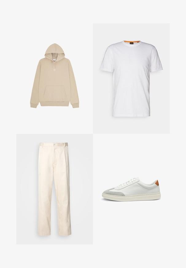 Beige hooded sweatshirt with front kangaroo pocket, drawstring hood, ribbed cuffs, and "II" printed in white on the chest.; White cotton T-shirt with a crew neck, short sleeves, and a subtle embossed logo on the chest. Interior tag has an orange accent.; Beige cotton trousers with a straight-leg cut, featuring a button closure and pleats at the front for added detail.; White leather sneakers with gray suede accents and a tan leather heel tab. Features a textured surface and lightweight sole.