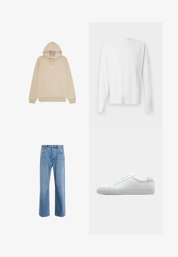 Beige hooded sweatshirt with front kangaroo pocket, drawstring hood, ribbed cuffs, and "II" printed in white on the chest.; Long-sleeved white cotton shirt with a round neckline, side slits at the bottom, and a smooth texture, displayed from the back.; Light blue denim jeans with a straight-leg design, five pockets, button closure, minimal fading, and contrasting stitching details.; White sneaker with a smooth leather upper and a low profile. Features a rounded toe, six eyelets, and a textured rubber sole.