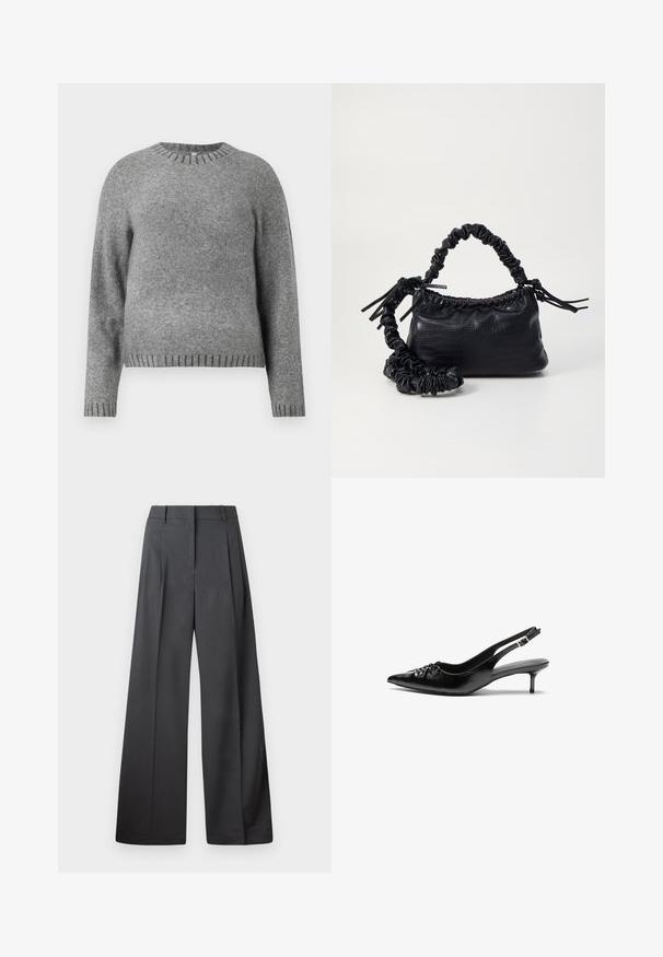 Pulover gri tricotat cu guler rotund, mâneci lungi și accente ondulate la manșete și la tiv. Textură moale cu o croială ușor lejeră.; Pantaloni culți din țesătură gri închis, cu talie înaltă, pliuri simple și o textură netedă, cu o finisare curată la tivuri.; Cizme slingback din piele neagră, cu vârf ascuțit, toc mic de tip kitten heel și un detaliu decorativ sub formă de nod în față. Textură netedă pe întreaga suprafață.; Geantă din faux leather neagră cu textură de crocodil, cu partea superioară strânsă și o curea mototolită. Pare moale și compactă ca design.